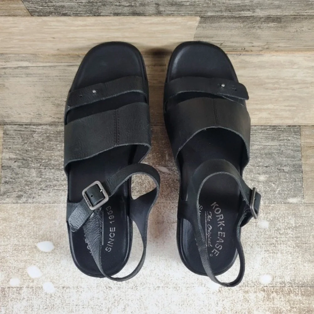 Kork Ease Mona Womens Sandals Sz 6 M Black Leather Buckle Ankle Strap Square Toe